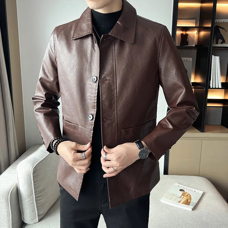 brand slim leather jacket coat Men Business Casual Autumn winter.