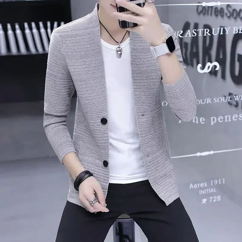 Knit Sweater Male Men's Clothing Cardigan Black Slim Fit Plain .