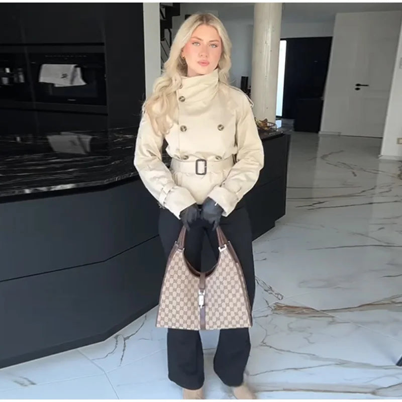 Fashion Women's Short Belt Jackets Long Sleeve Stand Collar Double Breasted Female Coat 2025 Autumn Lady Solid Outwear