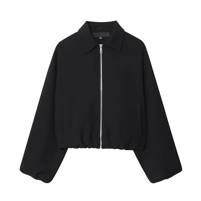 Casual Solid Zipper Lapel Short Jacket Women Long Sleeve .
