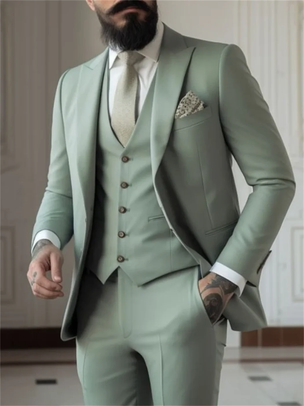 3 Piece Sage Green Men's Slim Fit Suits (Jacket+Vest+Pant) Wedding Groom .