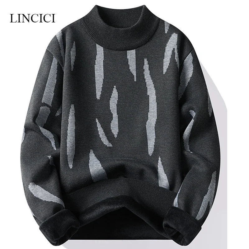 2024 M-4XL Autumn/Winter New Men's Sweater Half High Collar Zebra Pattern Color Blocked Velvet Knitted Sweater Warm Hoodie Top