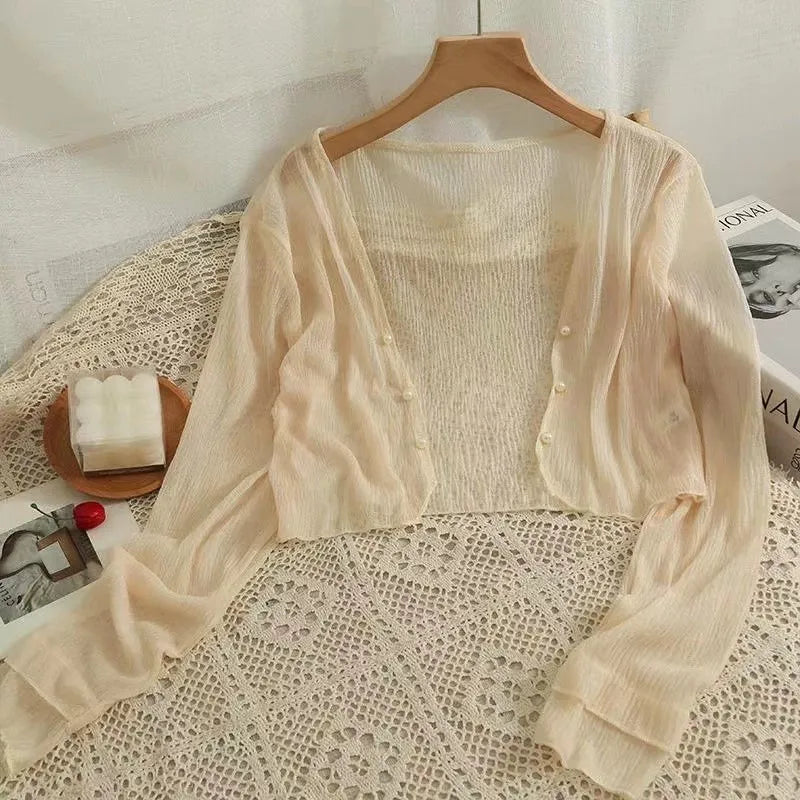 Button Front Crop Women Cardigan Sheer Knit Top Lightweight Bolero .