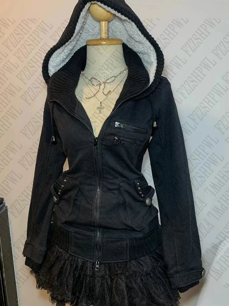 Winter riveted cool girl Gothic zipper hoodie coat  cardigan jacket.