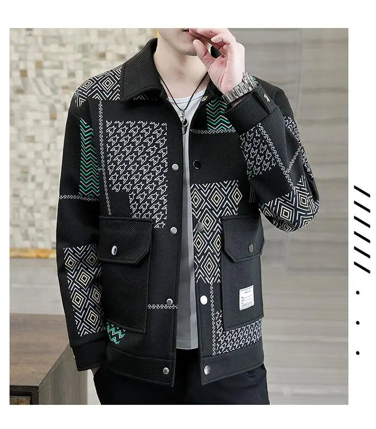 Brand Clothing Spring Autumn Men Coats Lapel Slim Print Jacket.