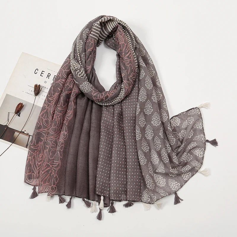 New Printed Soft Linen Cotton Scarf Shawls Women Muslim Hijabs Premium Foulard Femme Long Fresh Floral Tassel Scarves Echarpe