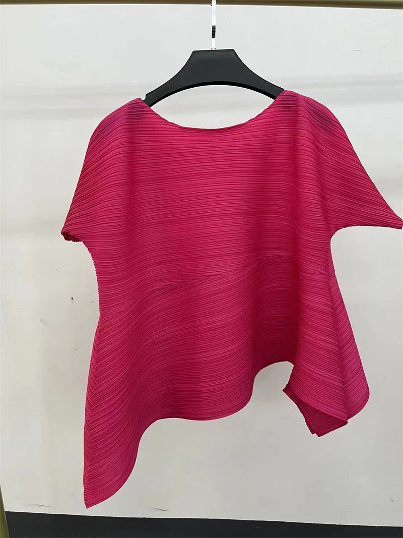Miyake style pleated tops for women 2024 summer new high-end loose large size stretch fabric clothes temperament T-shirt