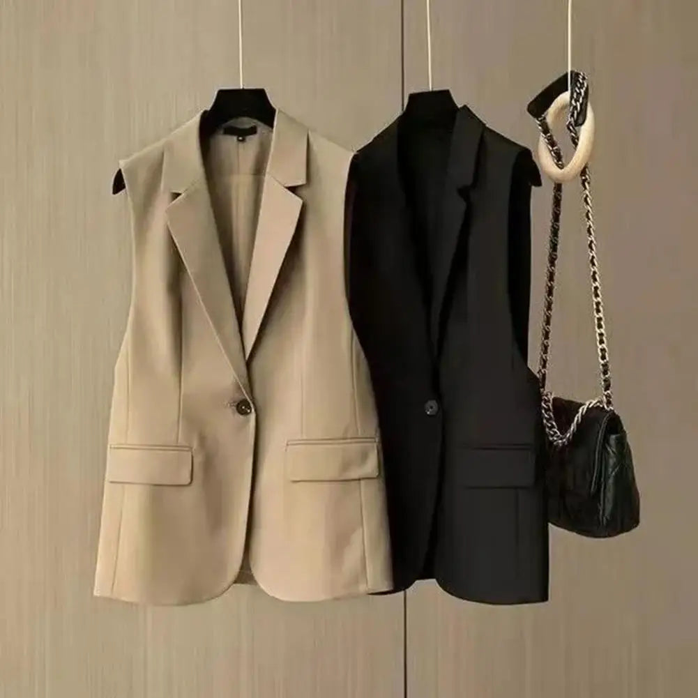 Women Vest Sleeveless Solid Color Suit Collar Loose Cardigan.