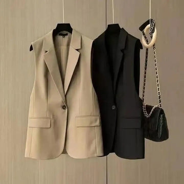 Women Vest Sleeveless Solid Color Suit Collar Loose Cardigan.