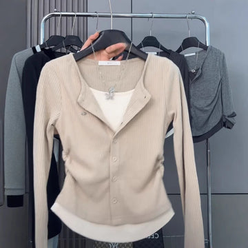 Plus Size Casual Retro Long Sleeves Knitting T-Shirt Women's Spring Fake Two-Piece Shoulder T-shirt Chubby Girl Slim Fit Slim...