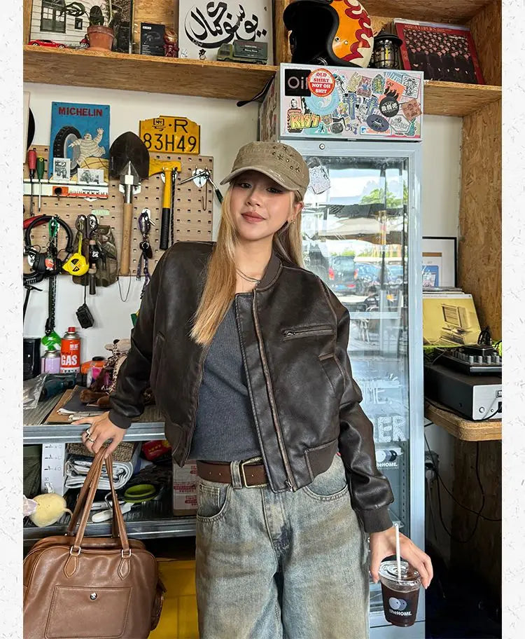 American Vintage Short Motorcycle Leather Jacket Women.
