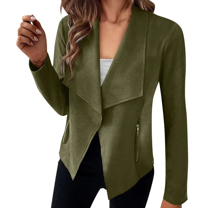 Women's Suit Jacket Solid Suede Lapel Zipper Pocket .