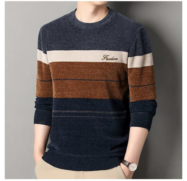 Mens Fashion Striped Sweater Round Neck Pullover Fleece.