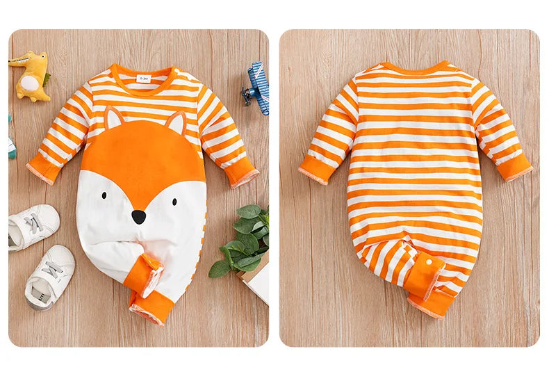 Boys And Girls Cute Cartoon Fox Printed Long Sleeve Baby Bodysuit.