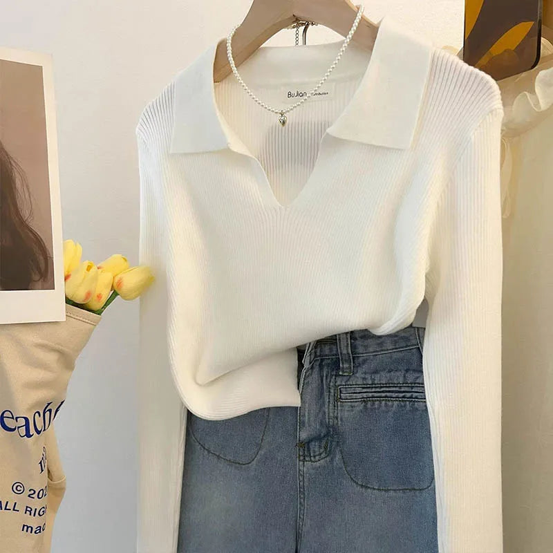 Women Clothing Vintage Fashion Solid Turn-down Collar Pullovers.