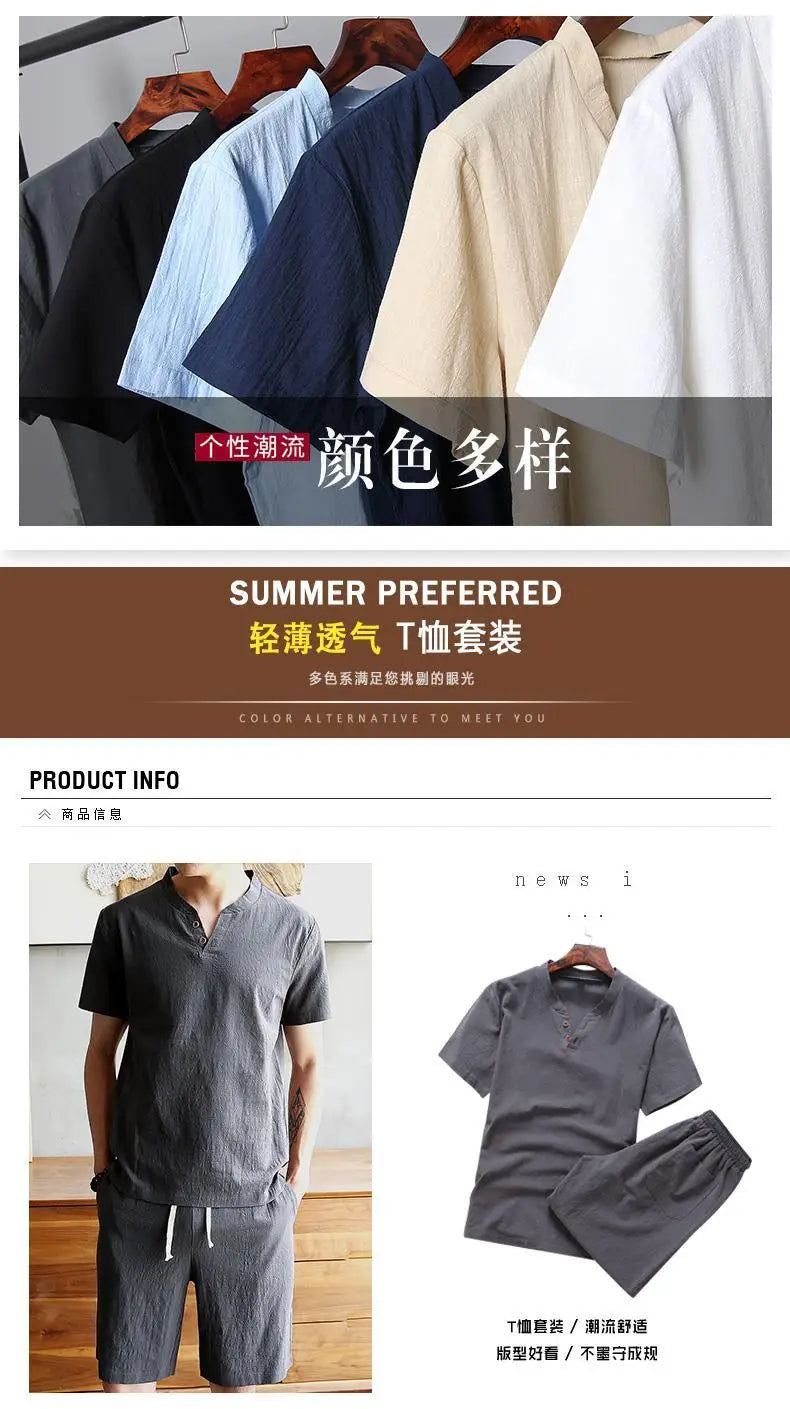 Two Piece Set Men Summer Vintage Simple Casual V Neck Short Sleeve Cotton Linen T Shirt Vacation Solid Loose Beach Shorts Ropa