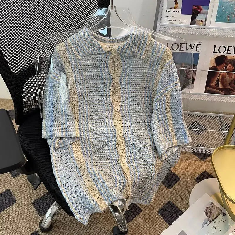 Retro Contrast Striped Summer Men's  Spliced Square Collar Button.