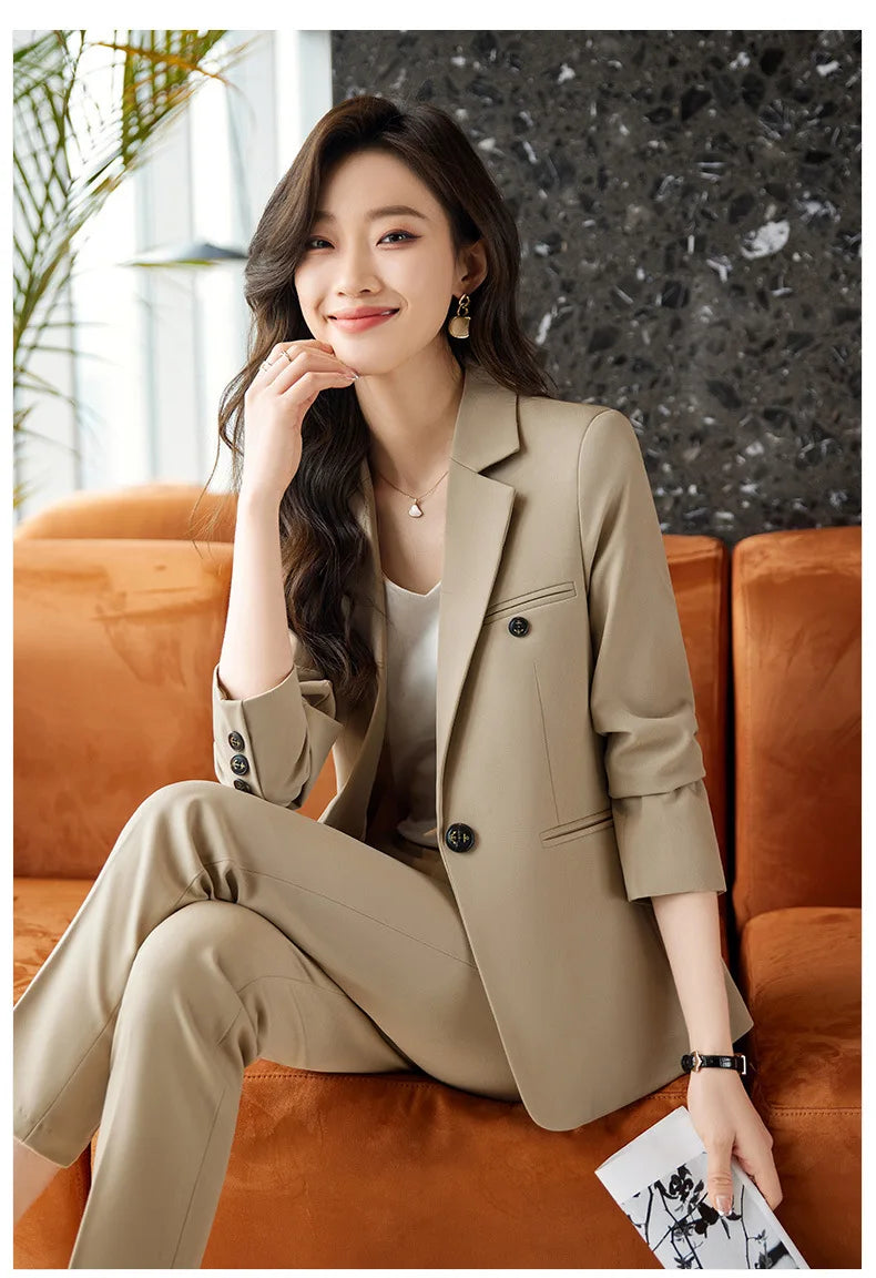Office Lady Single Button Blazer Chic High Waisted Pants 2 Piece Set.