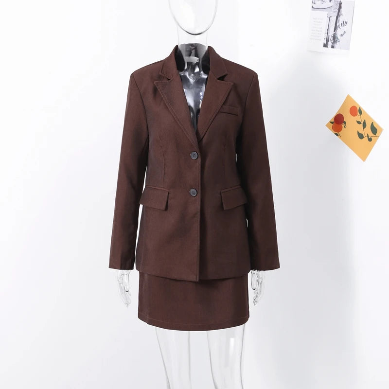 Elegant Lapel Blazer Skirt Set Women Casual Slim.