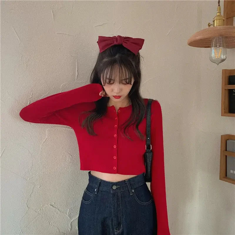 Woman Sweaters Cardigan Red V-neck Knitted Cardigan Women's .