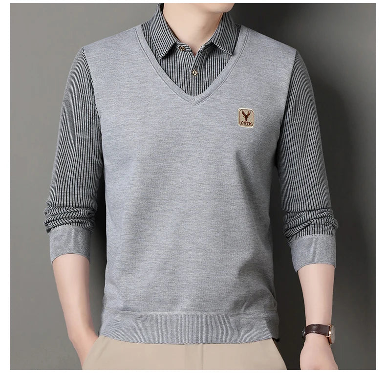 Men's Winter Sweater Fashion Polo Shirt Pullover Slim Fit Elegant Luxury Brand Knitwear Fake Two Pieces Knitted Sweaters