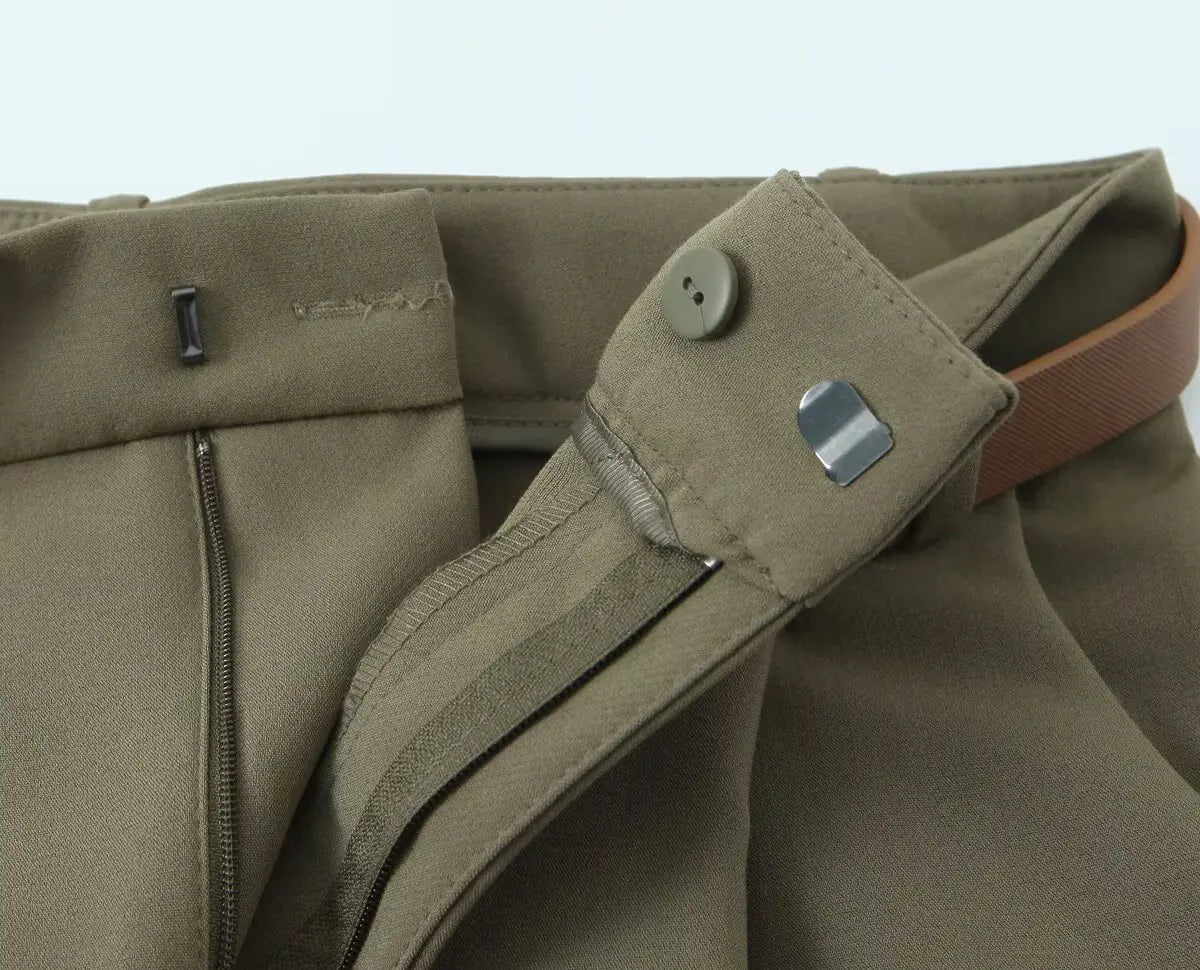 ZBZA Women's Belted Pleated Trousers High Waist Side Pockets .