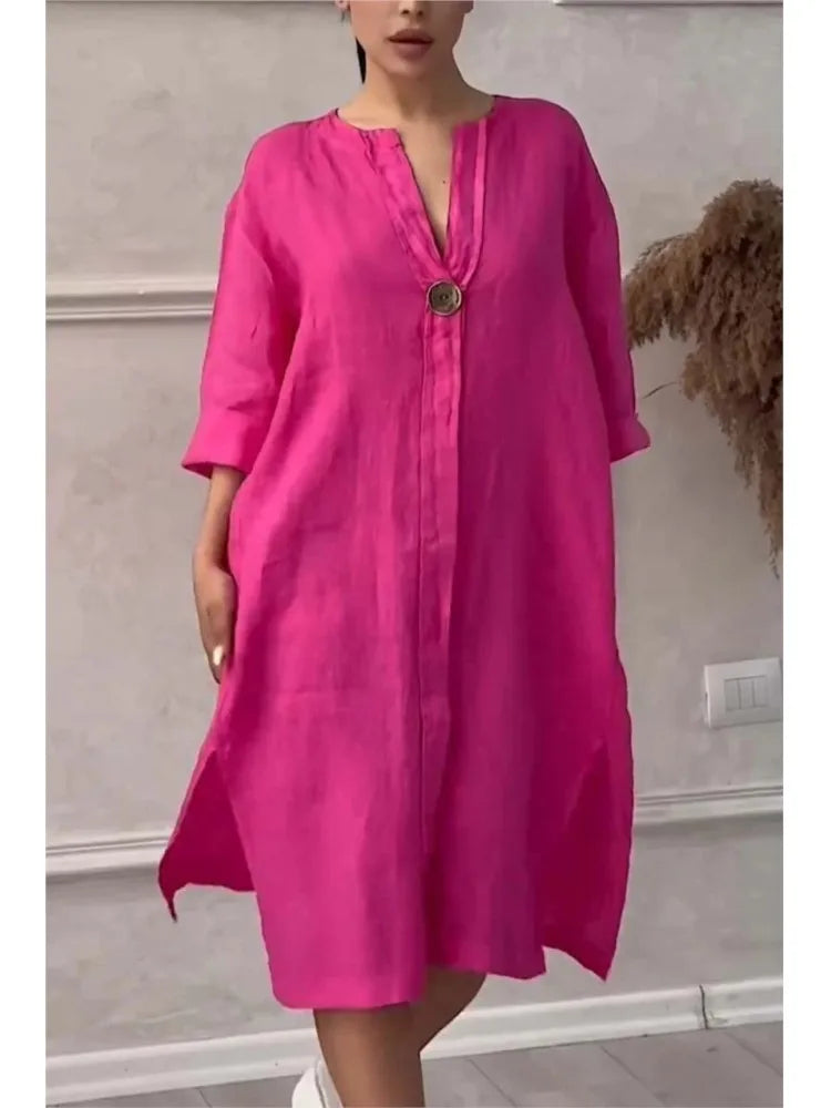 Elegant O-neck Long-sleeved Button Dress For Women ./ MH