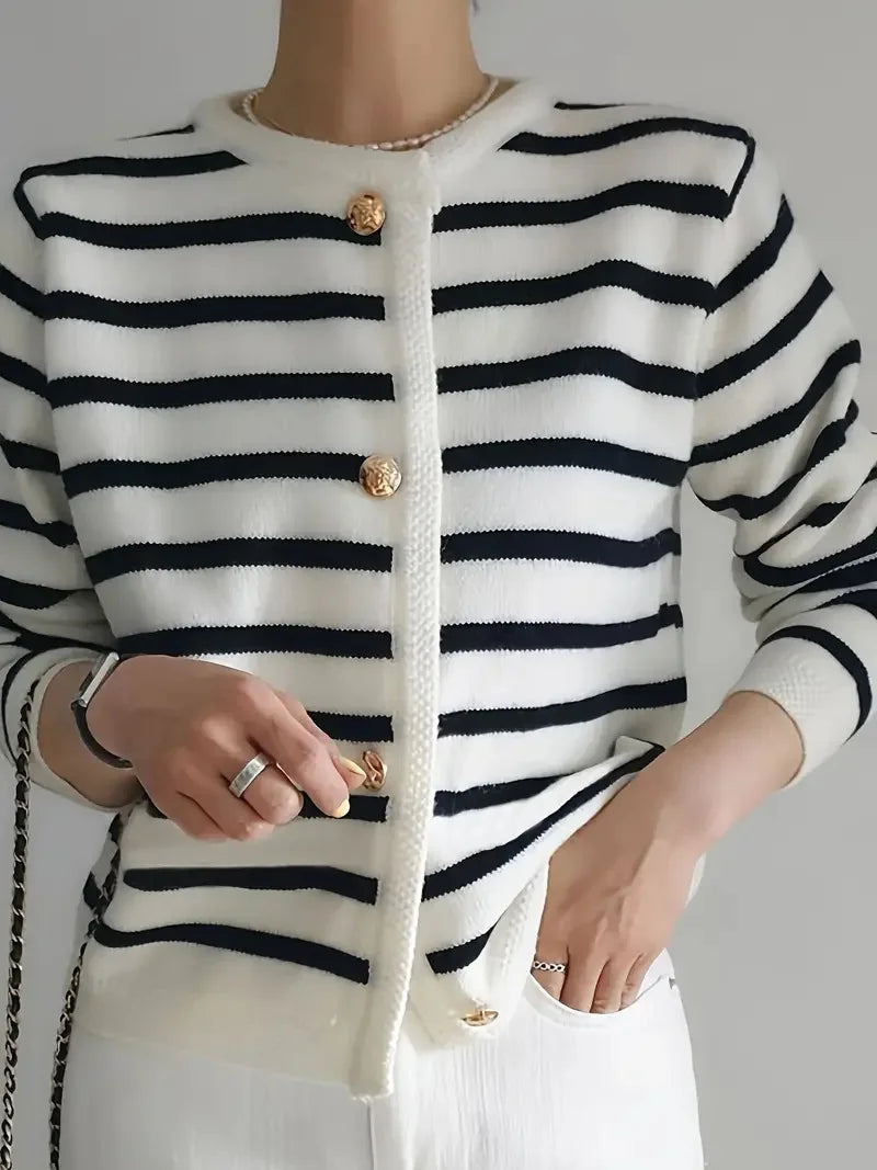 Chic Striped Cardigan Sweater Soft Long Sleeve Crew Neck Button.