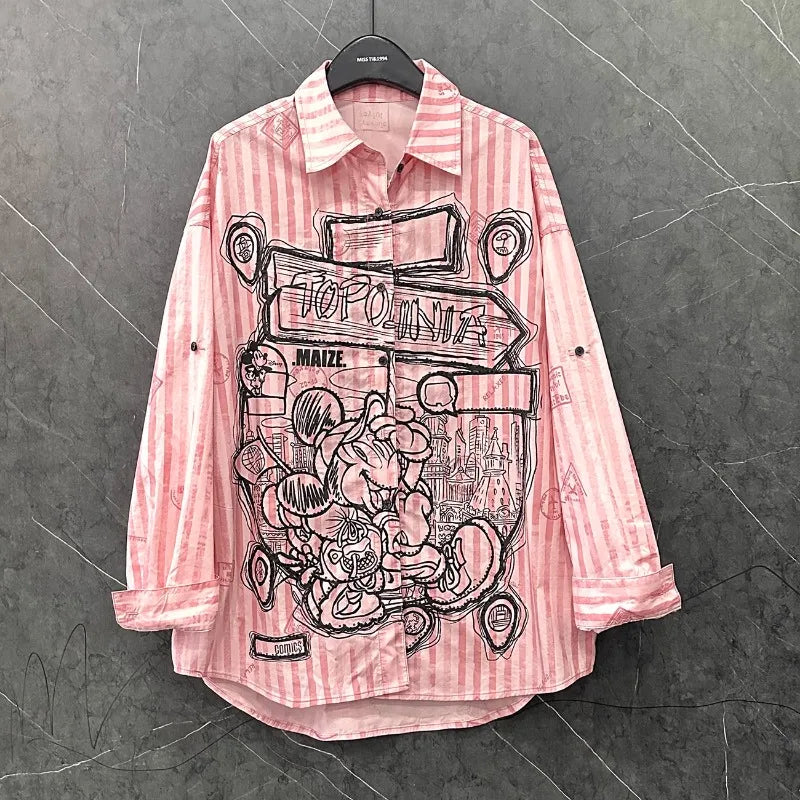 Spring and Summer New Cartoon Design Striped Long-sleeved Shirt Women's