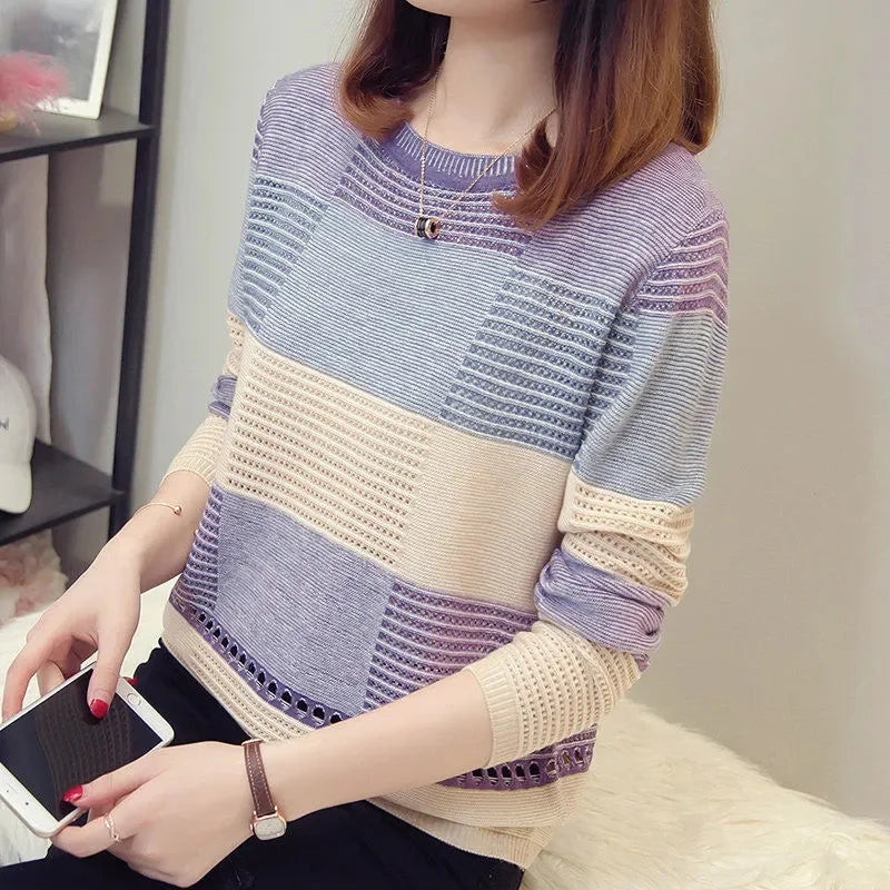Sweater Women Purple Striped Stripes Pullover Thin Knitting .