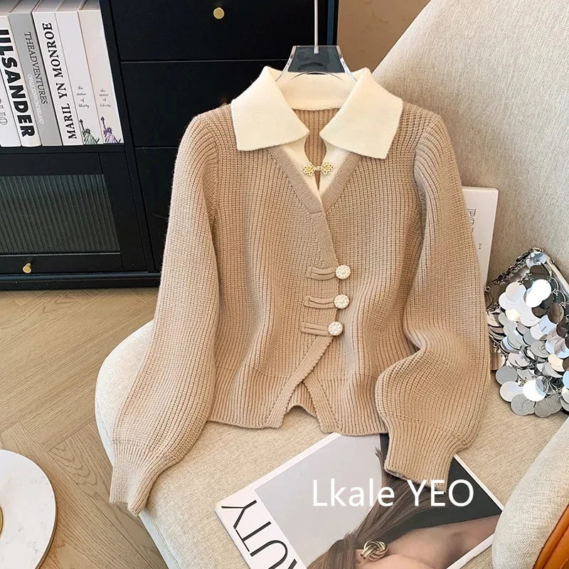 New 2025 Autumn Winter Design Splicing Slim Women Knitted Cardigan Sweater Jacket Fashion Fake Two Items Loose Ladies Top