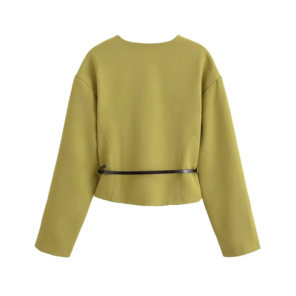 TRZA-Women's Fitted Blazer Coat with Belt, V Neck,.