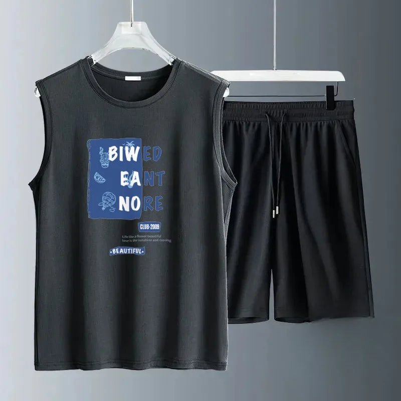 Men's Sleeveless T-Shirt Shorts Set Casual Hollow Tank Top + Shorts hole Hollow Quick Male Breathable Vest 2 Piece Set Blue icon