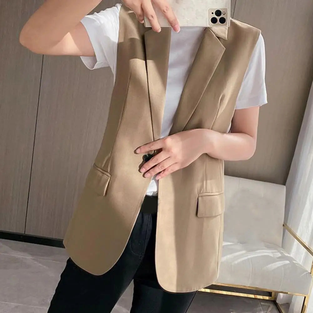 Women Vest Sleeveless Solid Color Suit Collar Loose Cardigan.