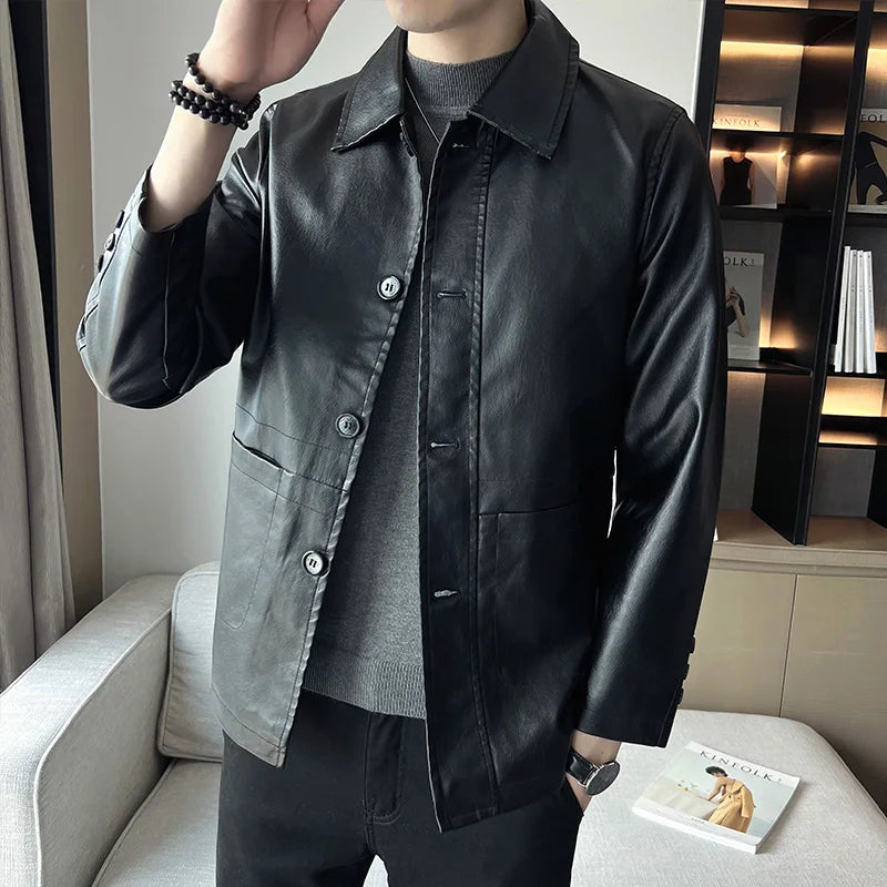 brand slim leather jacket coat Men Business Casual Autumn winter.