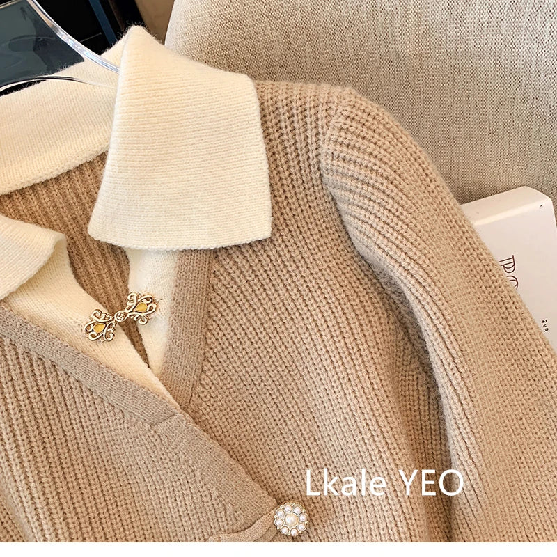 New 2025 Autumn Winter Design Splicing Slim Women Knitted Cardigan Sweater Jacket Fashion Fake Two Items Loose Ladies Top
