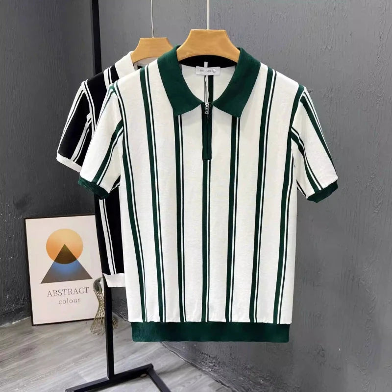 Men's Clothing Polo Shirt Summer Short Sleeve Korean Style Slim Fit Solid Color Casual Trendy Versatile Striped Casual
