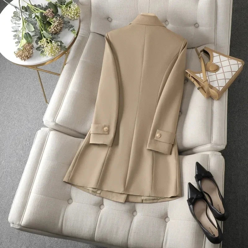 Autumn Winter Jacket Women Long Blazer Khaki Coffee Black .