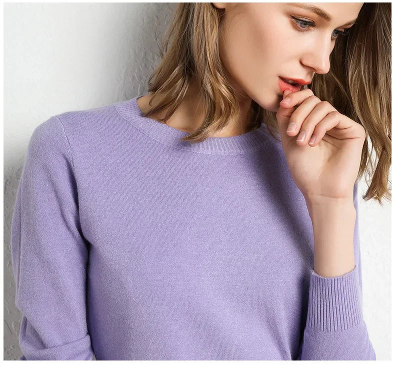 Women Slim O-Neck Pullover Cashmere Wool Blending Sweater.