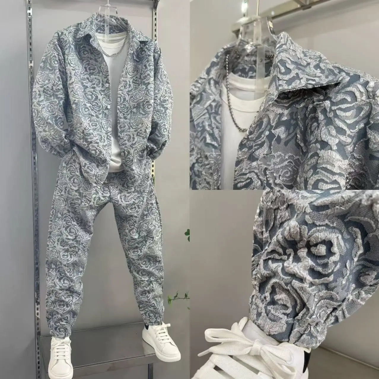 Men's Casual Suit Lapel Jacquard Shirt Trousers Two-piece Set .