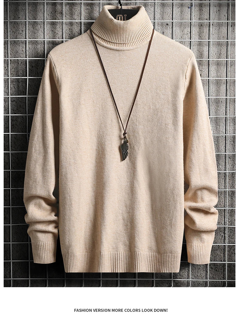 Men Pullovers Knitted Sweaters Turtleneck Solid Tops .