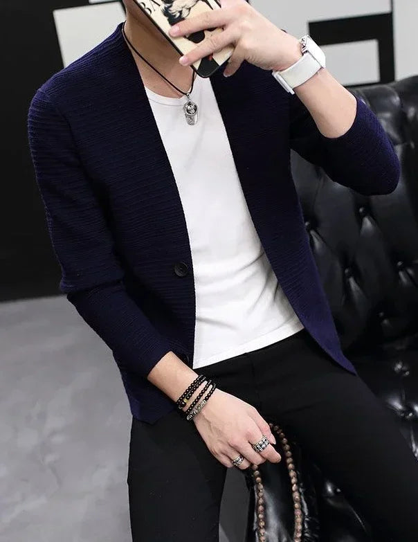 Knit Sweater Male Men's Clothing Cardigan Black Slim Fit Plain .