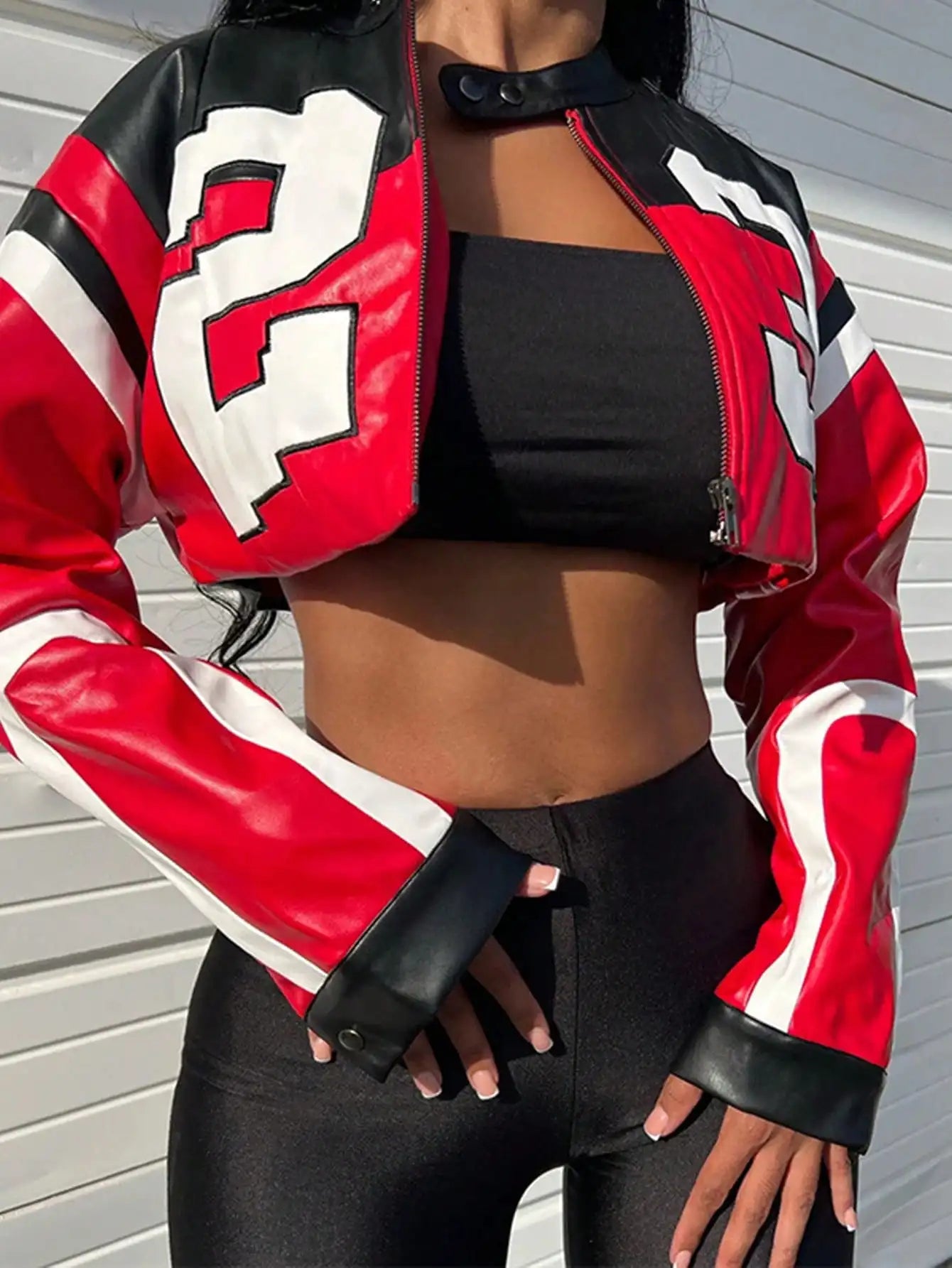 Women's Faux Leather Jacket Short Red Coat Zipper Bomber Jacket.