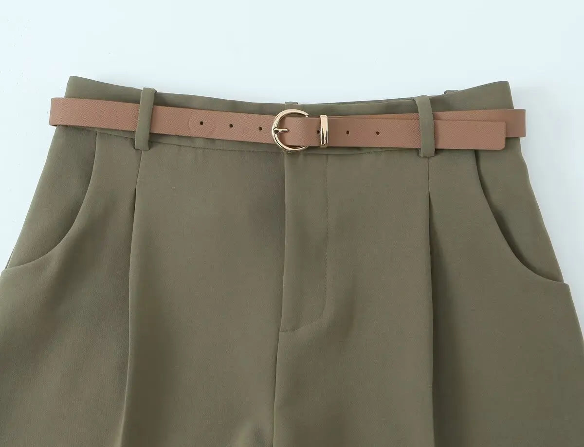 ZBZA Women's Belted Pleated Trousers High Waist Side Pockets .