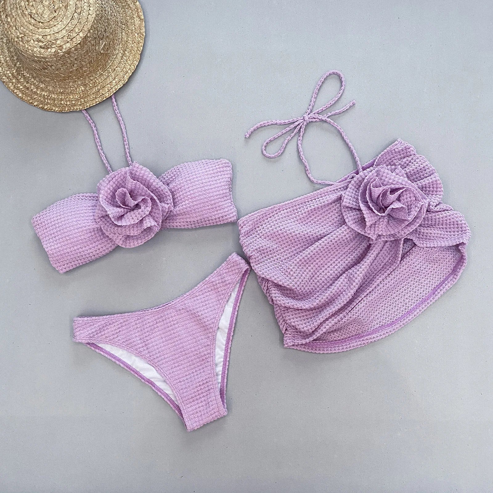 2025 Sexy Flowers Three Pieces Bikini Set Swimsuit For Women Solid Bandage Swimwear Female Bathing Suit Beachwear Swimming Suit