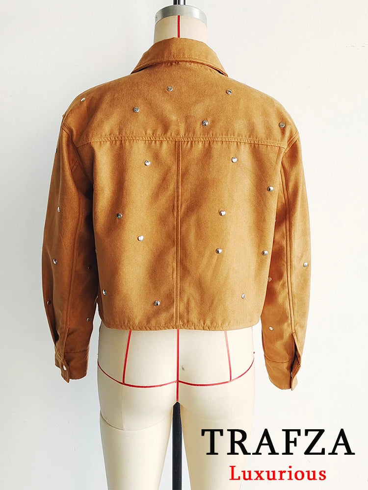 TRAFZA Casual Chic Women Solid Jackets Rivet Long Sleeve .