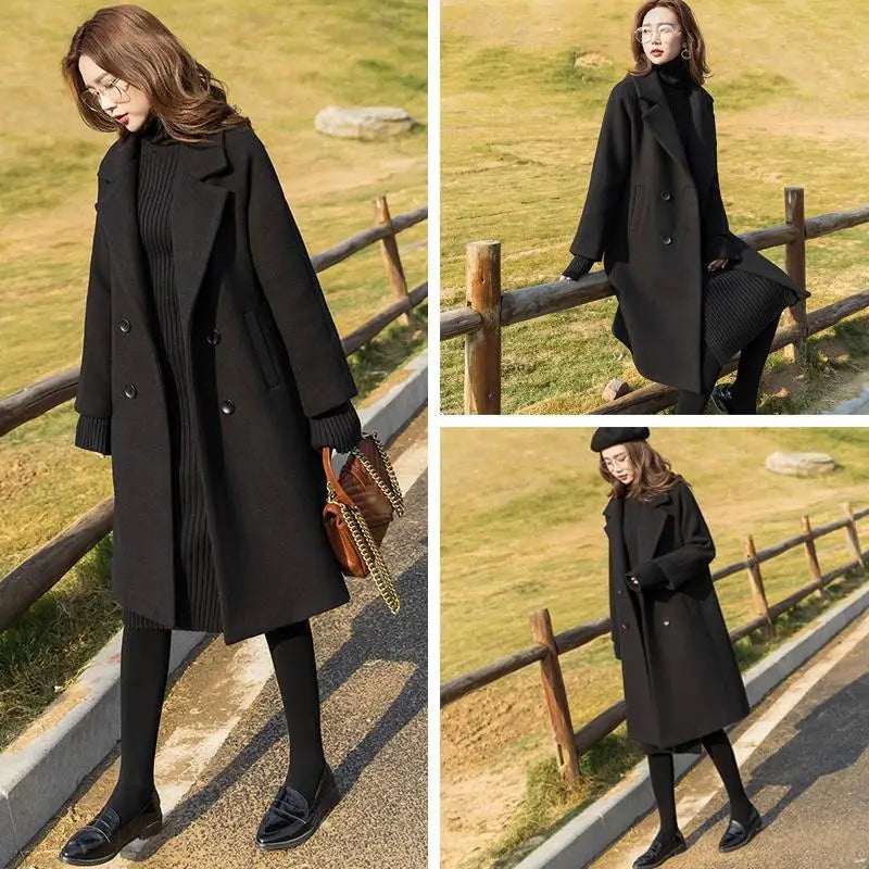 Black Woolen Coat Women's Mid Length New Style .