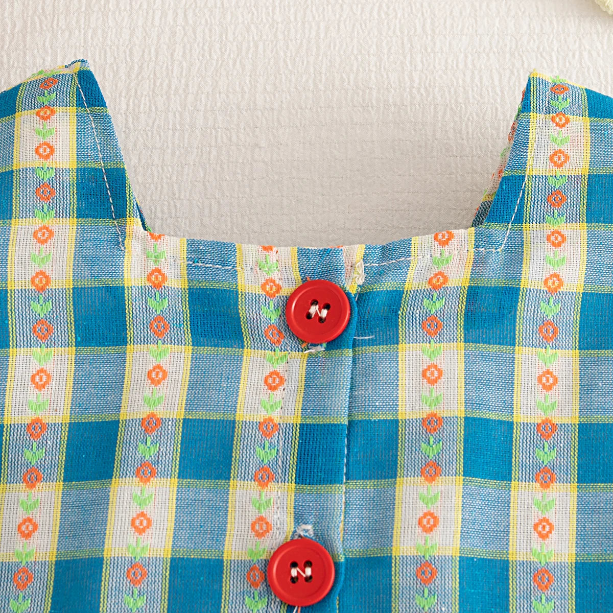 Baby Girl Set Blue Plaid Printed Bubble Sleeve Top with Shorts Suit Summer Girl Outdoor Outfit