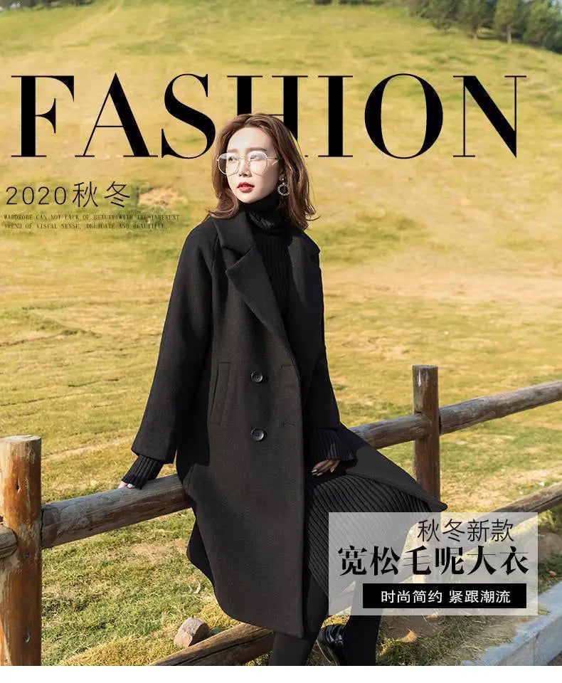Black Woolen Coat Women's Mid Length New Style .