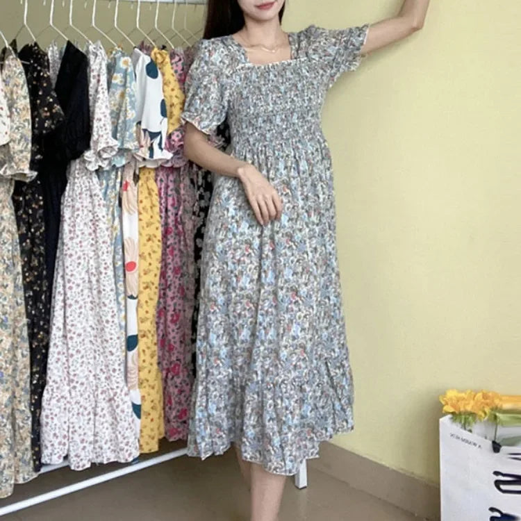 Spring Summer Elastic Waist Chiffon Dress Women Casual Dresses Fashion Female  Vestidos Short Sleeve Pleated A-line Dresses